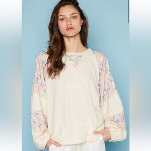 POL Cream Pullover Sweatshirt with Pastel Floral Sleeves